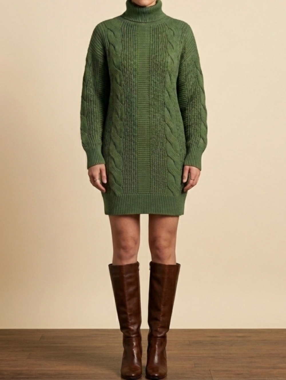 Green Sweater Dress Turtleneck Top Sz L Large Knitted Quilted Look NEW Stretch